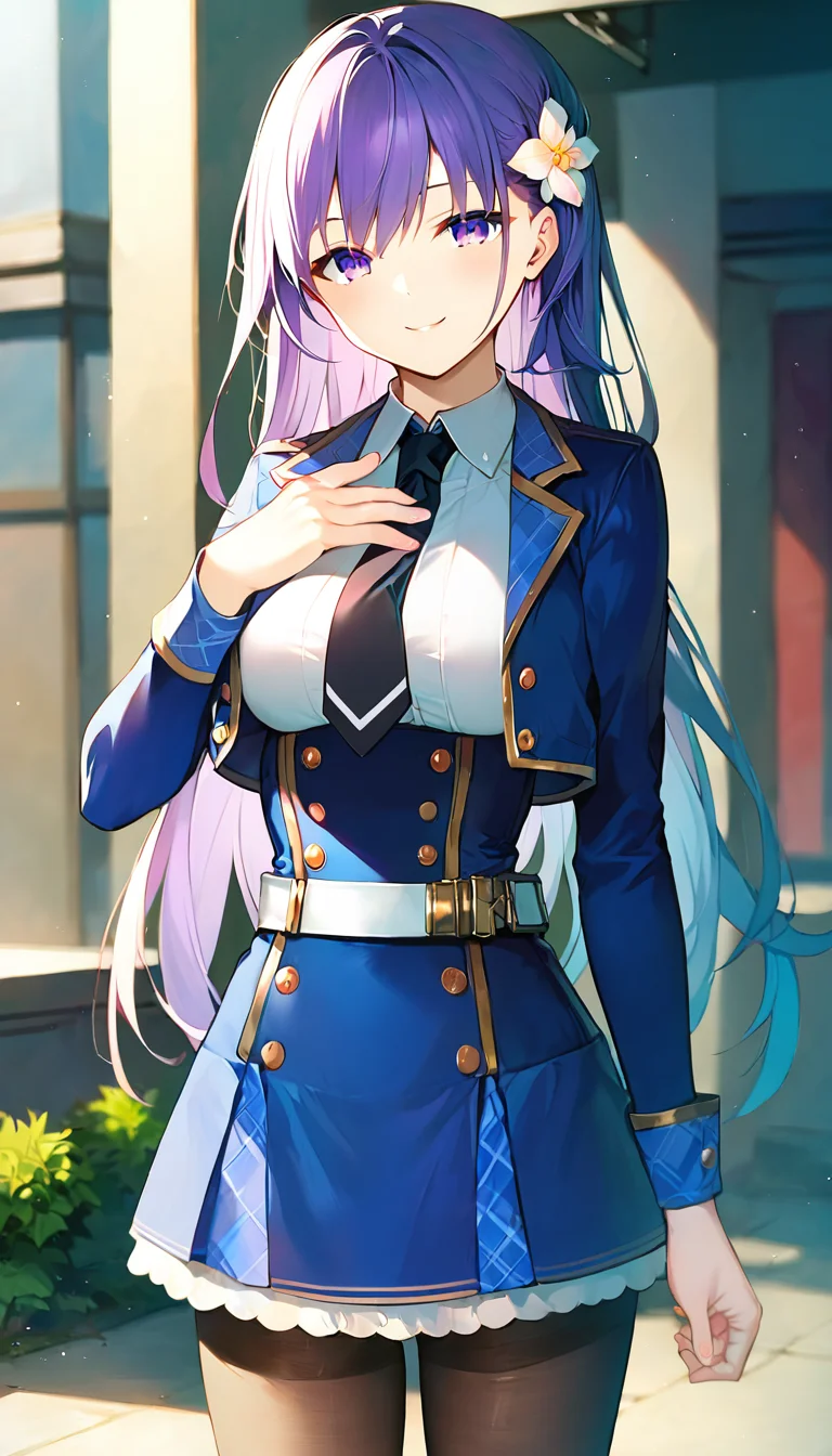 score_9,score_8_up,score_7_up,score_6_up BREAK official art,solo,outdoors,cowboy shot,looking at viewer,facing viewer,smile,blush,Elfine Phillet,long hair,purple hair,side braid,hair ornament,hair flower,sidelocks,bangs,purple eyes,blue jacket,cropped jacket,open jacket,wing collar,black necktie,white shirt,collared shirt,dress shirt,long sleeves,medium breasts,double-breasted,white belt,blue skirt,high-waist skirt,pleated skirt,frilled skirt,brown pantyhose,loafers,black footwear,<lora:Elfine Phillet(sgmt)-Pony:1.4>,