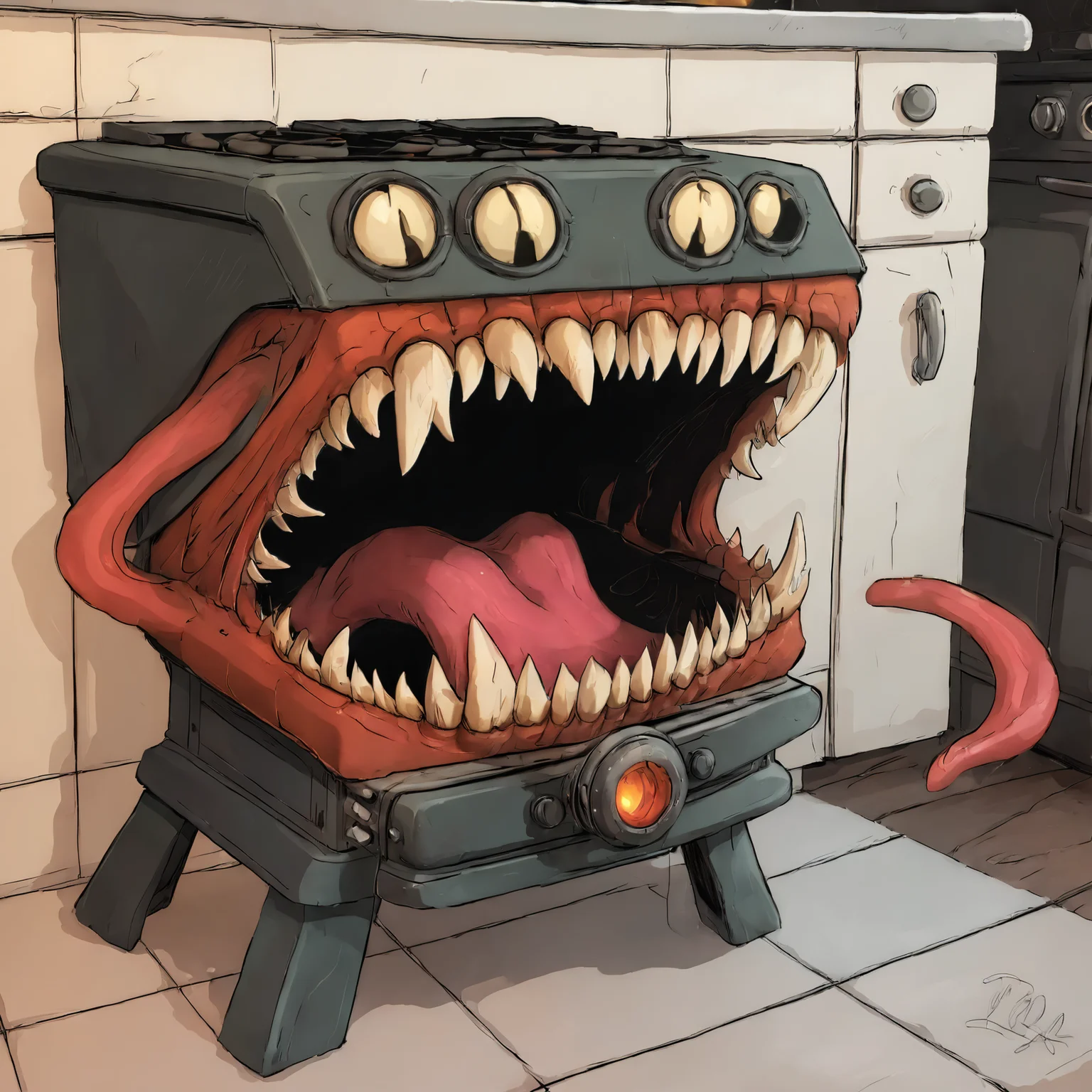 large teeth, gaping mouth, a Stove mimic<lora:EnvyMimicXL01:1>