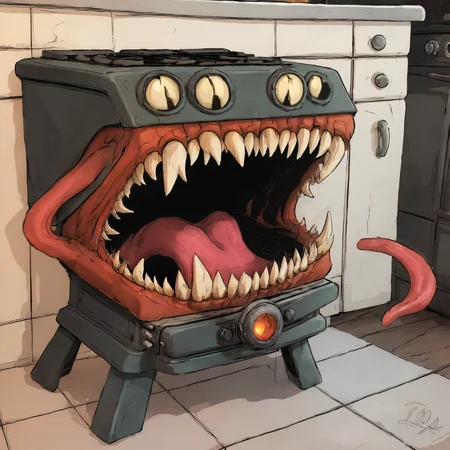 large teeth, gaping mouth, a Stove mimic<lora:EnvyMimicXL01:1>
