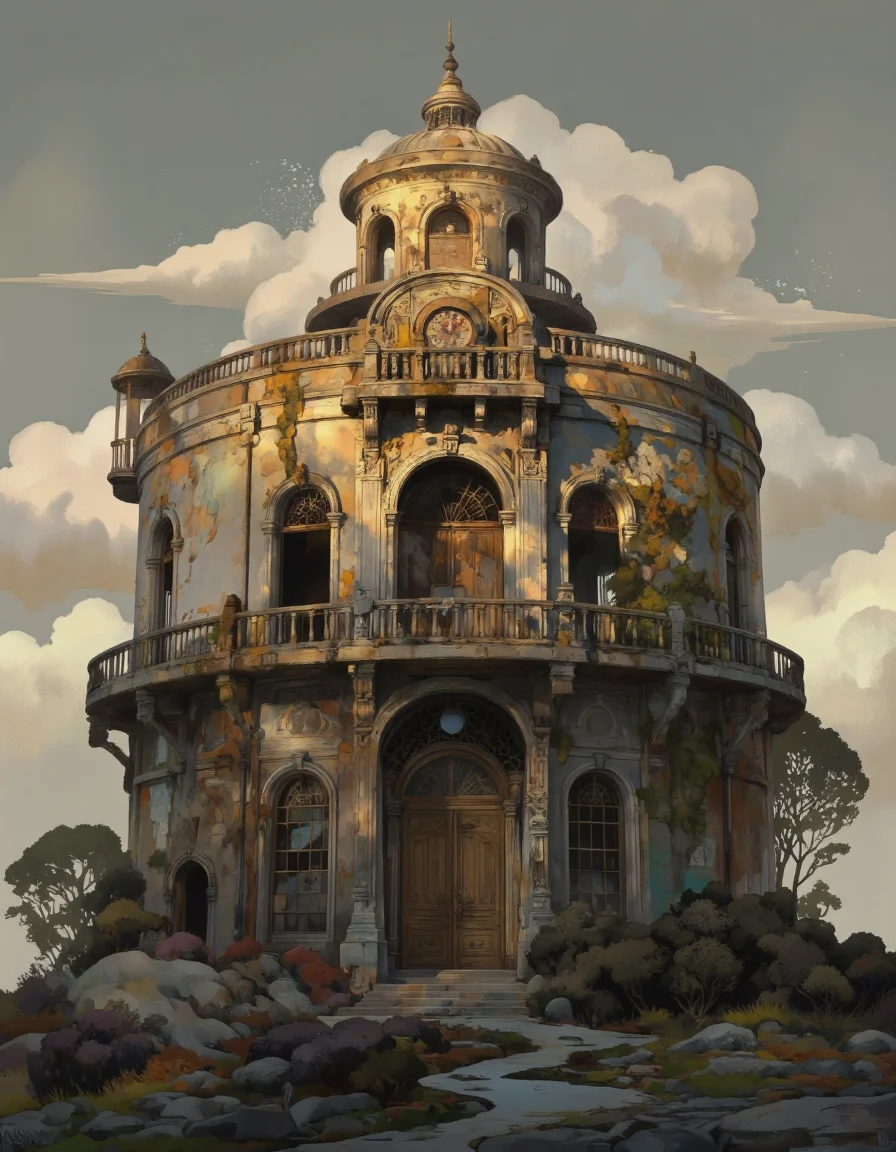 Art by Vvika.
A digital illustration of an old, dilapidated building with a large, ornate balcony and a round, domed roof lit by warm, golden light. the building is situated in the middle of the image, with its distinctive architecture and ornate details standing out against the muted colors of the sky and clouds in the background. it has multiple arched windows and a large wooden door, with a balcony on the second floor, and a clock tower on the left side. the lighting is soft and warm, casting a golden glow on the building, creating a sense of serenity and tranquility. the overall style is reminiscent of a fantasy art piece, with intricate details and a touch of realism, making it a captivating piece of art.