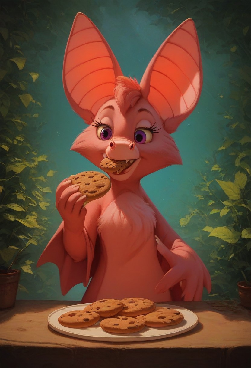 score_9, score_8_up, score_7_up, score_5_up, artwork, detailed background, high quality, vibrant colors, best quality rendering, intricate details, high resolution, sharp focus, best render quality, background-tree brunch, 1girl, Foxglove bat, (anthro bat), big bat wings, eating cookie, ((front view))