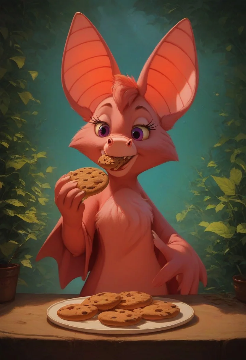 score_9, score_8_up, score_7_up, score_5_up, artwork, detailed background, high quality, vibrant colors, best quality rendering, intricate details, high resolution, sharp focus, best render quality, background-tree brunch, 1girl, Foxglove bat, (anthro bat), big bat wings, eating cookie, ((front view))