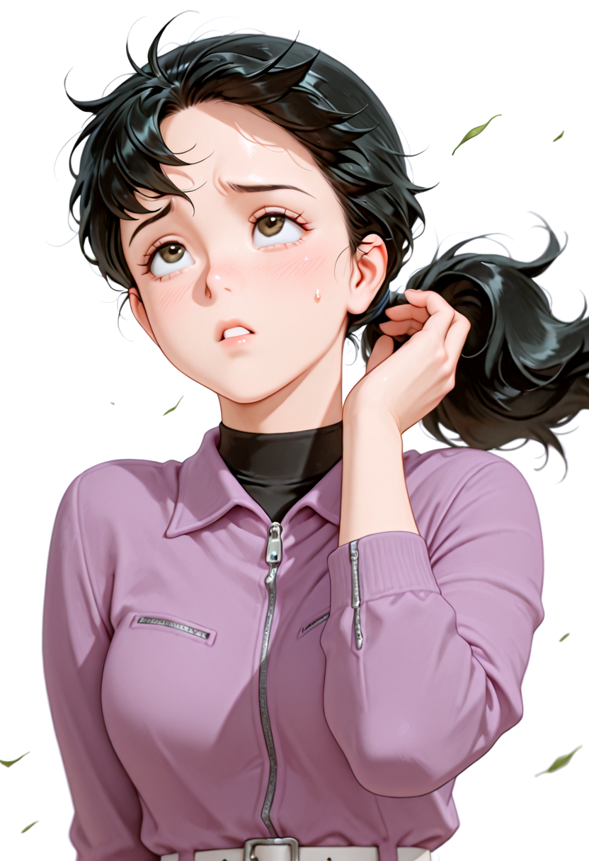 IllusP0s, masterpiece, best quality, amazing quality, very aesthetic, absurdres, newest, ((ultra detailed eyes:1.4)),((ultra detailed hair:1.4)),((ultra detailed face:1.4))
BREAK
1girl, ((solo)),c0_F4ng_yuuk1, F4ng_L1,  black hair,(dark brown eyes), ponytail,
Purple Jacket, white belt, gray slacks, 
BREAK
blank background, white background, sitting, neutral black expression, upper body
 <lora:Fang Li - GUNDAM THE ORIGIN - 100percent - Manga_epoch_4:0.8>
Look Up, parted lips,
hand in own hair,
Strong wind, hair blowing in the wind, anxious, worried