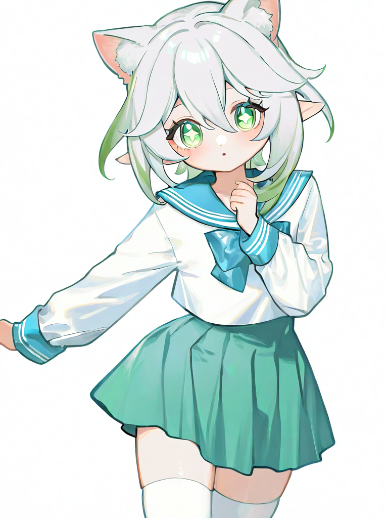 1girl,solo,simple background,white background,cowboy shot,,white thighhighs,change clothes,nahida_(genshin_impact),short,green skirt,white and blue sailor suit,short hair,cat ears,<lora:bigcat-000021:1>, masterpiece, best quality, very aesthetic, absurdres,newest, incredibly absurdres,