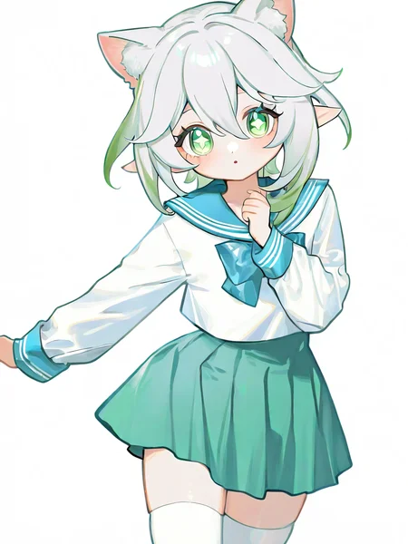 1girl,solo,simple background,white background,cowboy shot,,white thighhighs,change clothes,nahida_(genshin_impact),short,green skirt,white and blue sailor suit,short hair,cat ears,<lora:bigcat-000021:1>, masterpiece, best quality, very aesthetic, absurdres,newest, incredibly absurdres,