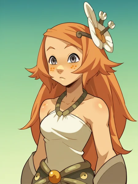 score_9, score_8_up, score_7_up, score_6_up, score_5_up, <lora:wakfuXLP:1> wakfu, 1girl, ginger hair, grey eyes, freckles, long hair,