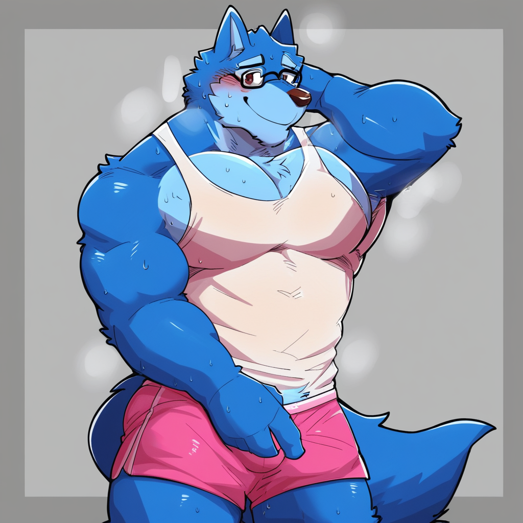 Muscular male, 1boy, solo, gym background, furry, wolf, blue body, black glasses, brown eyes, large pectorals, white tank top, pink shorts, smiling, sweating, blushing, standing