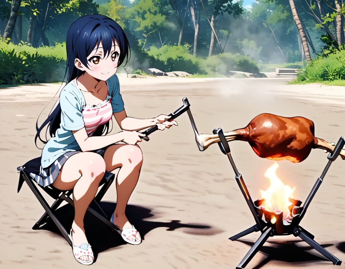masterpiece, best quality, ultra detailed, highres,4k,(ultra-detailed:1.4) (illustration:0.5), (ray tracing,:0.8),(anime colored:0.7),(ai-generated:0.5),
1girl,solo,
sonoda umi, love live!
casual wear,skirt,
smile,
<lora:jyouzuniyakemasitaXL1:1>,jyouzuniyakemasita,
campfire,grilling,flame,cooking,boned meat,sitting,folding chair,