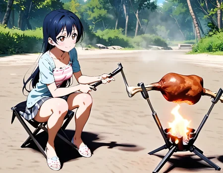 masterpiece, best quality, ultra detailed, highres,4k,(ultra-detailed:1.4) (illustration:0.5), (ray tracing,:0.8),(anime colored:0.7),(ai-generated:0.5),
1girl,solo,
sonoda umi, love live!
casual wear,skirt,
smile,
<lora:jyouzuniyakemasitaXL1:1>,jyouzuniyakemasita,
campfire,grilling,flame,cooking,boned meat,sitting,folding chair,