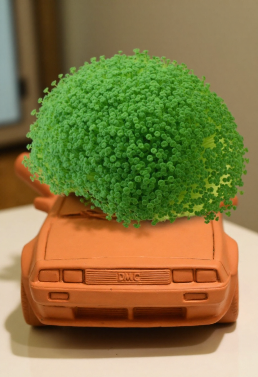 <lora:Chia_Pet_Planter_FLUX-000013:0.9>
Photograph of a terracotta clay DMC DeLorean time machine adorned with a lush, vibrant green plant. It is is sitting on a table.