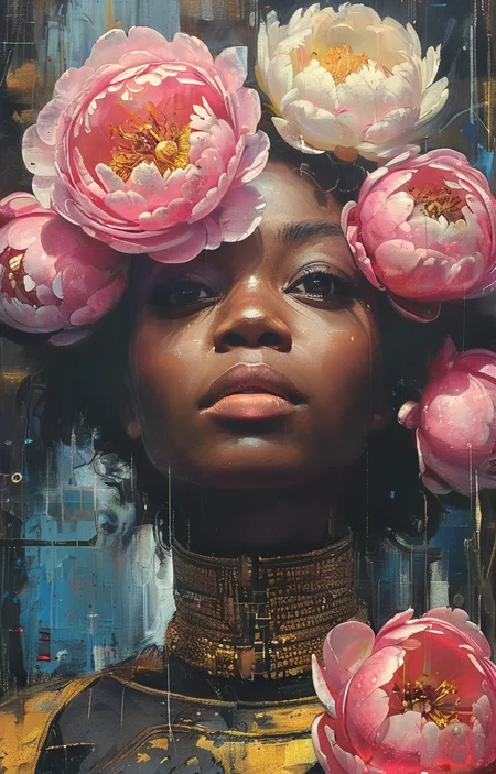 masterpiece,best quality,<lora:tbh324-sdxl:0.9>,illustration,style of Afrofuturism, decaying peonies