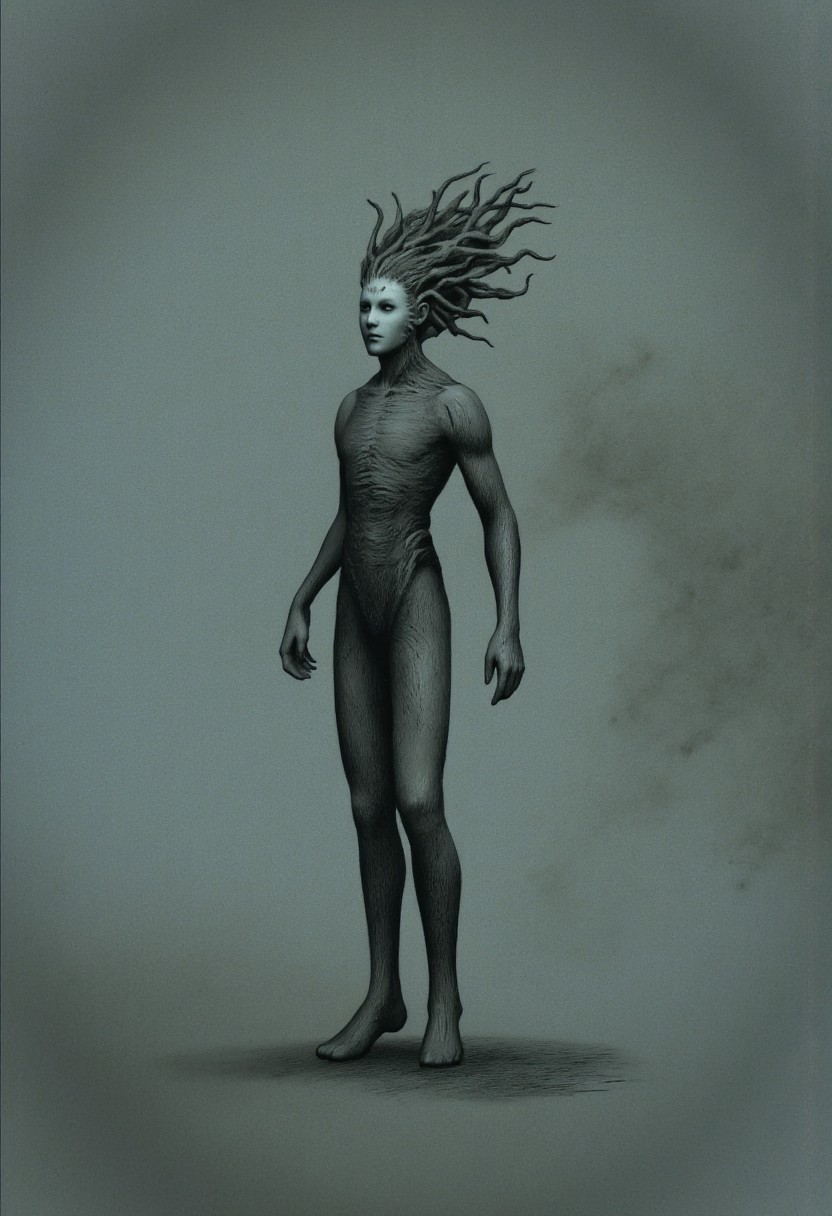 aidmaMJ6.1, Made out of paper, a PaperStyle , d4artstyle, d4concept, , d00mstyle, made of clay, ZBClay model of a gray sculpture
A small, mysterious humanoid creature with a slender, dark body and delicate limbs. Its face is a smooth, pale mask with minimal features, resembling a stylized, expressionless visage. The creature's head is surrounded by a chaotic mass of swirling, tendril-like appendages that appear almost hair-like, adding an ethereal and otherworldly quality. The limbs are thin and elongated, giving it a fragile, almost shadowy appearance. It wears simple, form-fitting attire that blends seamlessly with its dark form, emphasizing its enigmatic nature. The overall design evokes a sense of quiet mystery and alien elegance, blending elements of the eerie and whimsical in a single figure.
Background solid color with a faded dimly lit, fog-covered darkness tone that emphasizes its silhouette. 
 The medium is not a traditional painting or illustrative medium like watercolor or ink but rather a digital rendering, eerie and unsettling.