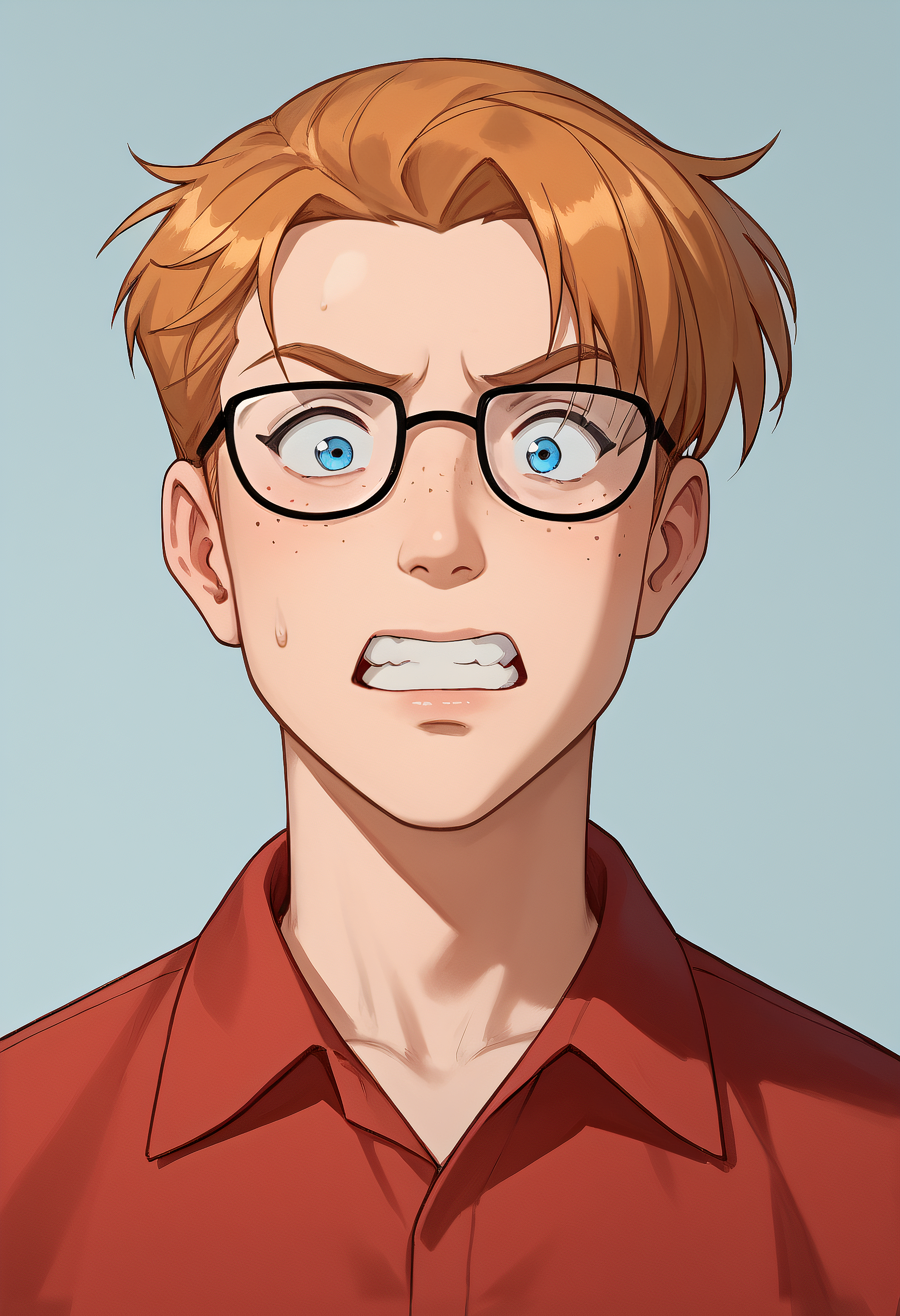 embedding:Pony\Positive\zPDXL3,  score_9, score_8_up, score_7_up, 1boy, arnold_ts!, blue eyes, skinny body, orange hair, glasses, freckles, surprised, panicked, sweatdrop, clenched teeth, open mouth, red collared shirt, best quality, high resolution, masterpiece.