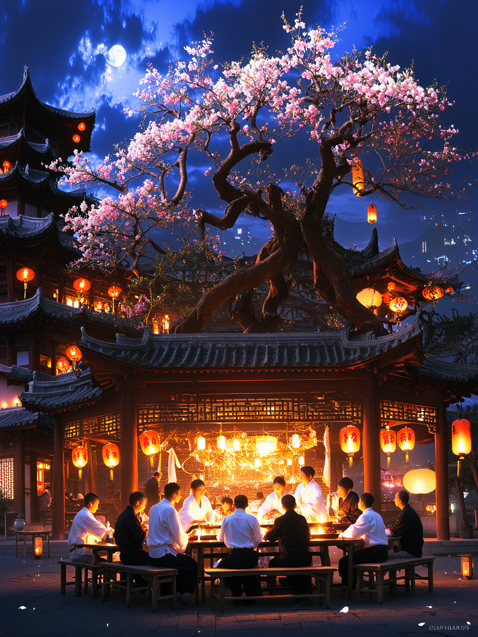 chaloujiusi, scenery, multiple boys, lantern, night, cherry blossoms, 6+boys, tree, outdoors, sitting, chinese clothes, architecture, table, paper lantern, east asian architecture, multiple girls, plant, sky, building