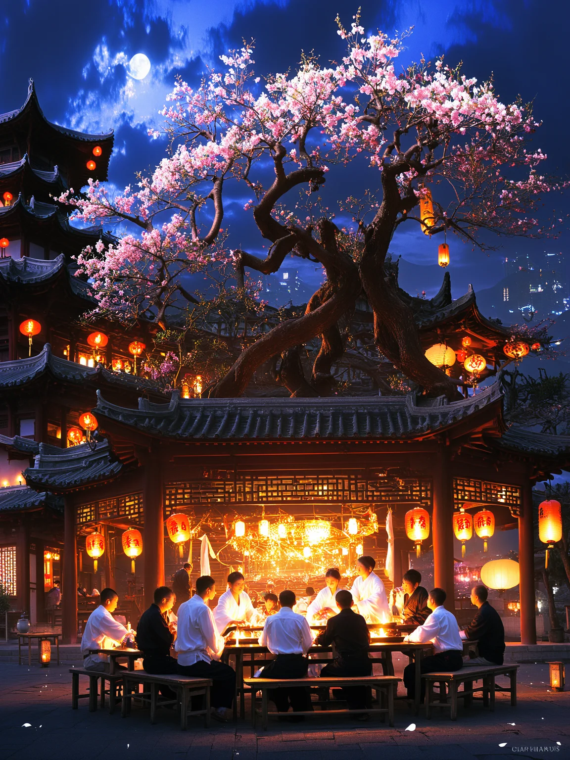 chaloujiusi, scenery, multiple boys, lantern, night, cherry blossoms, 6+boys, tree, outdoors, sitting, chinese clothes, architecture, table, paper lantern, east asian architecture, multiple girls, plant, sky, building