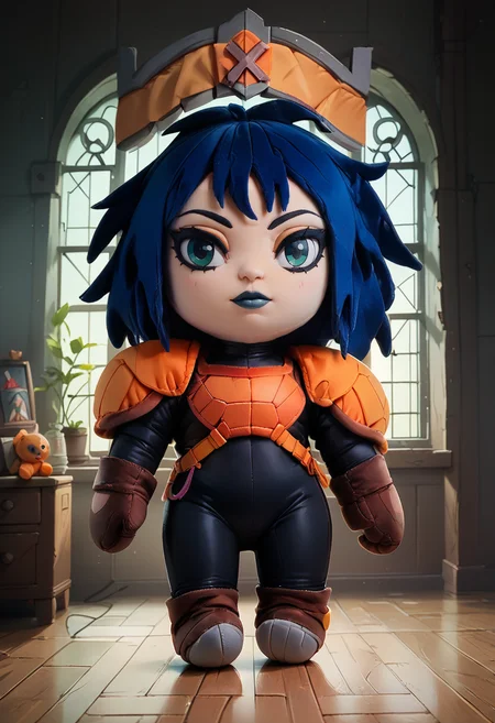 1girl, solo, full body, standing, orange armor, deep blue hair, black bodysuit, dark green eyes, brown gloves, dark lipstick, looking at viewer, makeup, inside of abandoned mansion, <lora:Kylie_GriffinPony64:1>, <lora:woafu_plushify_pony:0.7> plushify, character stuffed toy, chibi, score_9, score_8_up, score_7_up,