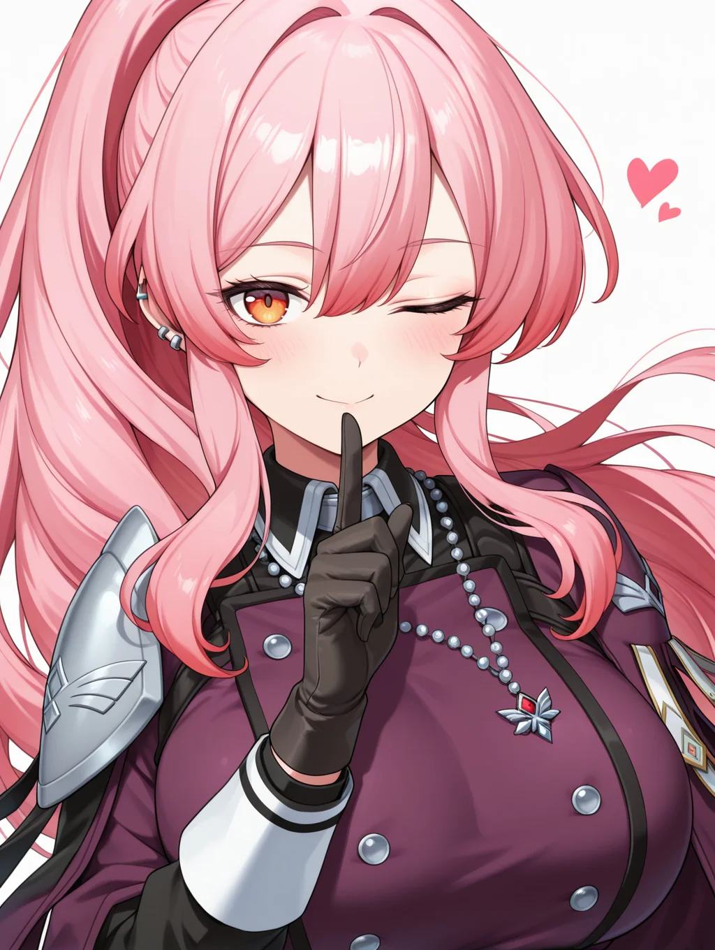 exosister martha, 1girl, solo, smile, large breasts, looking at viewer, upper body, index finger raised, one eye closed, finger to mouth, silver ear piercing, closed mouth, sidelocks, blush, purple military dress uniform, purple capelet, black gloves, silver necklace, white background, simple background,
masterpiece,best quality,amazing quality,very aesthetic,absurdres,newest,<lora:Exosister Martha illusXL v1:0.74>,