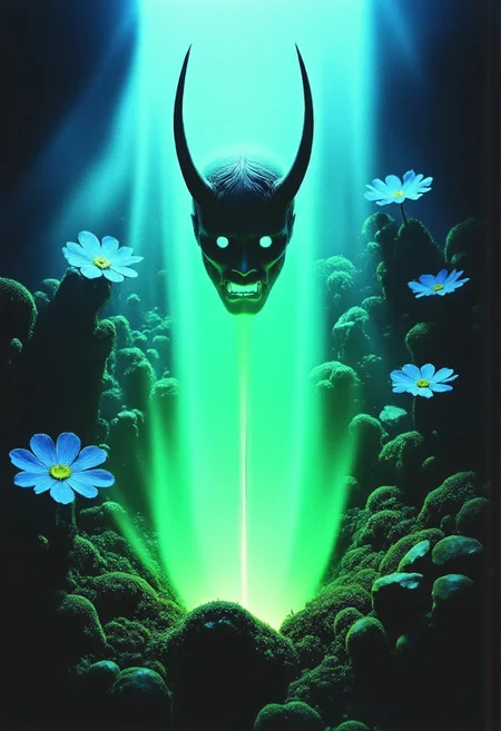 Studio Ghibli Dark Fairytale ArsMovieStill, movie still from a 1970s horror movie depicting a cursed hannya mask with horns and fangs blooming out of a blue lotus in a liminal bonsai garden with eerie radiating cyan and green miasma