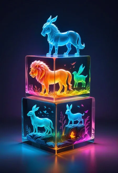 colorful translucent mable cube stack,carved with animals, lion,horse, rabbit,bird,squalo, glowing,Fantasy illustration style, transports viewers to imaginative worlds, epic landscape, and heroic adventures, sparks wonder and inspiration, neon_style