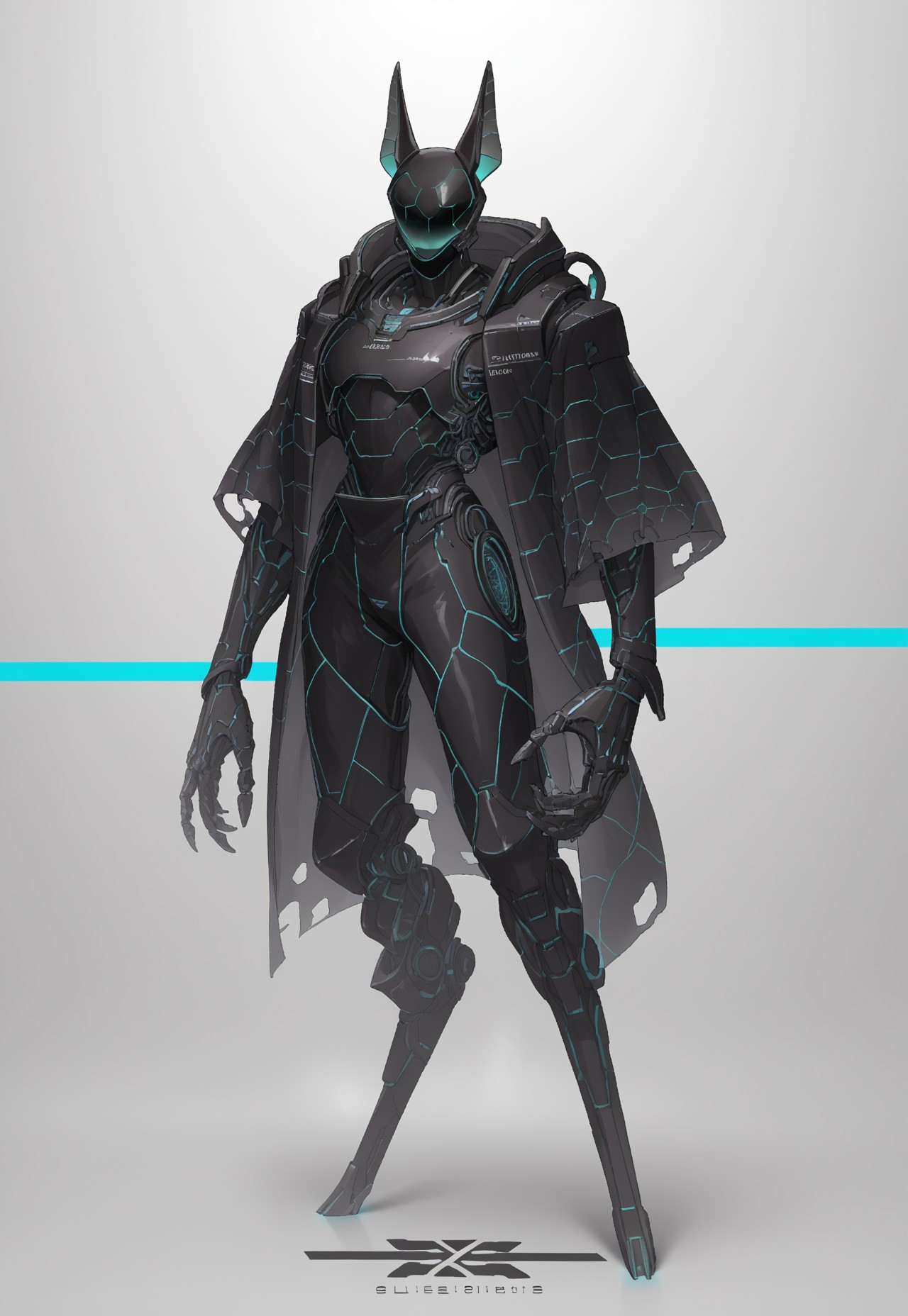  female(((jackal Anubis robot)))(stunning, magnificent, HD, photorealistic, dramatic lighting, intricate details, armor beautiful patterns, realistic , mythical, legendary, powerful, cinematic,, masterpiece, perfect anatomy, perfect composition, perfect hand, (beautiful detailed eyes:1.2), (soft colors)) , glowing blue core on armor, armor highly detailed patterns on armor), torn cloak , full body fits into the image, full body visible, ), claws, gauntlet, igital illustration of a futuristic, armored humanoid figure. The subject is dressed in a highly detailed, dark, and bulky exosuit with intricate mechanical components and white accents. The suit features various textures and layers, including a cloak-like garment with angular, geometric shapes. The figure's head is adorned with a helmet that has two antenna-like protrusions and a visor, giving it a robotic appearance. The suit has several logos and text in white, including a prominent circular emblem on the chest and arm. The overall design is sleek and modern, with a strong emphasis on technology and advanced, ,(((huge arms with cylinders mechanical components)))