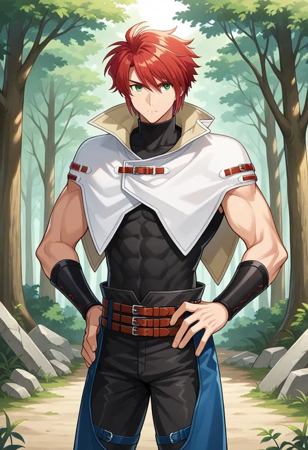 1boy, solo, forukashura, muscular, red hair, short hair, green eyes, capelet, high collar, bracer, sleeveless shirt, sleeveless, turtleneck, belt, pants, chaps, standing, cowboy shot, hand on hip, outdoors, forest, ruins, serious,