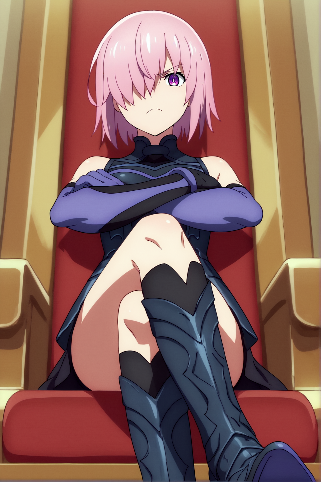 score_9, score_8_up, score_7_up,anime_source, source_anime, best background, detailed background, anime screencap,  Mash Kyrielight, Servant Costume, solo, indoors, sitting, throne chair, sitting, crossed legs, from below, crossed arms, tsundere, dynamic angle, naughty face, dynamic camera, dynamic pose,   <lora:JN_Mash_Kyrielight:0.8>