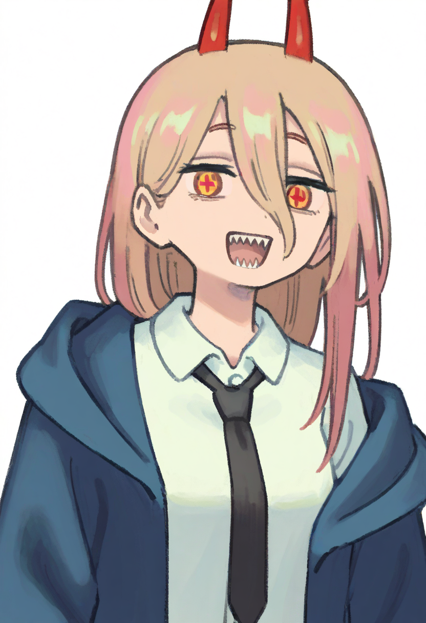 best quality, amazing quality, very aesthetic, absurdres,
BREAK
1girl, power \(chainsaw man\), pink hair, blonde hair, red horns, red eyes, cross-shaped pupils, long hair, sharp teeth, hair between eyes, symbol-shaped pupils,
collared shirt, black necktie, long sleeves,
looking at viewer, white shirt, open mouth,
simple background, white background, smile, upper body,  <lora:MujiNoob_byKonan:1>