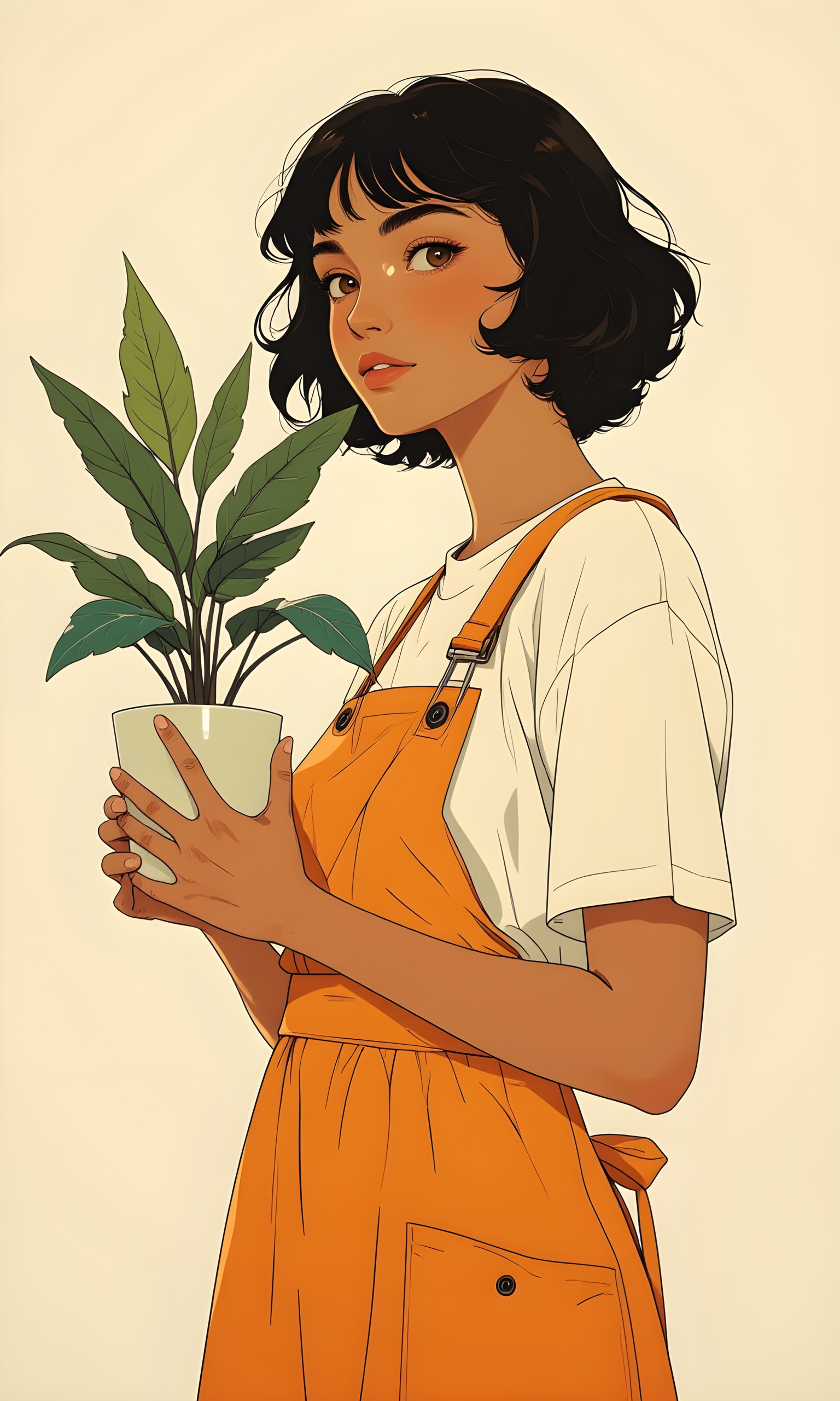 Serene and stylish scene featuring a woman holding a potted plant. The 25yo woman has short, wavy hair with bangs, giving her a youthful and approachable look. She is wearing a white t-shirt layered under an orange apron-style dress, which adds a pop of color to the overall composition. 
The plant she is holding is a small, leafy green plant in a white pot. The leaves are long and slender, creating a natural and organic element that contrasts beautifully with the woman's outfit. She have medium breast size. Her expression is calm and composed, suggesting a moment of quiet reflection or connection with nature. 
The background is natural and plain, which helps to keep the focus on the woman and the plant. The lighting is soft and even, highlighting the details of her clothing and the texture of the plant's leaves. The overall mood of the image is one of simplicity and tranquility, capturing a peaceful moment in a natural setting. 
BREAK anime, d13s3lp2nk, bboil artist style, OBdonman, <lora:FLUX\Anime Art V3:0.7000000000000001>, <lora:FLUX\Synesthesia:0.2>, <lora:FLUX\RetroAnimeS1.1:0.4>, <lora:FLUX\Flux-jijia:0.1>, <lora:FLUX\It's a LoRA for portraits, BUT! actually specialized in backgrounds. v1.0:0.1>, <lora:FLUX\GLSHS:0.2>, <lora:FLUX\Dieselpunk Delight - s0_9 g4:0.4>, <lora:FLUX\OBdonman, anime0style portrait:0.1>