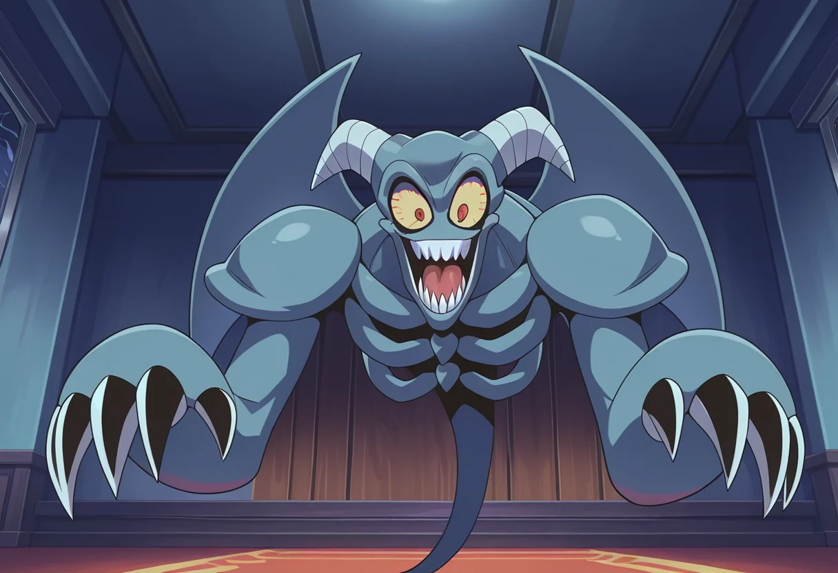 best quality, amazing quality, very aesthetic, absurdres, newest, high quality, masterpiece BREAK 1boy, T00nSkull, ribcage, blue skin, claws, smile, grin, wings, giggling, laughing, horns, colored sclera, red eyes, bloodshot eyes, tongue, indoors, pointing, looking down at viewer, laughing motion, full body  <lora:Toon_Summoned_Skull_Yugioh:1>
