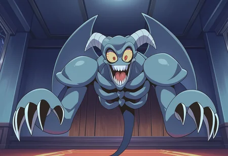 best quality, amazing quality, very aesthetic, absurdres, newest, high quality, masterpiece BREAK 1boy, T00nSkull, ribcage, blue skin, claws, smile, grin, wings, giggling, laughing, horns, colored sclera, red eyes, bloodshot eyes, tongue, indoors, pointing, looking down at viewer, laughing motion, full body <lora:Toon_Summoned_Skull_Yugioh:1>