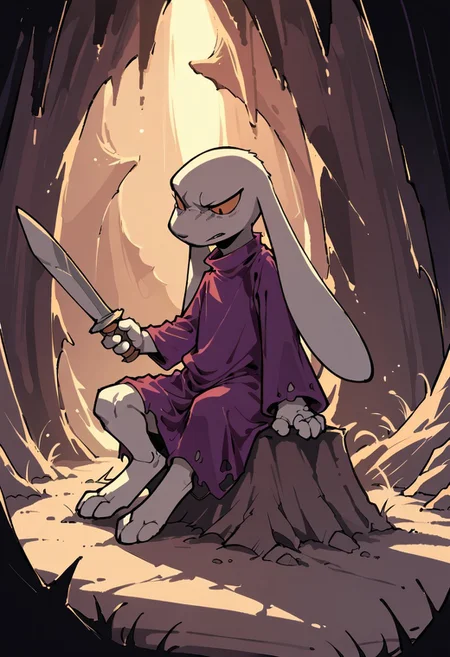 score_9,score_8_up,score_7_up, cave, shadow, lighting, king, purple dress, long ears, holding a sword, sitting on top of a destroyed robot with chucks of its pieces on the ground, cave, looking down