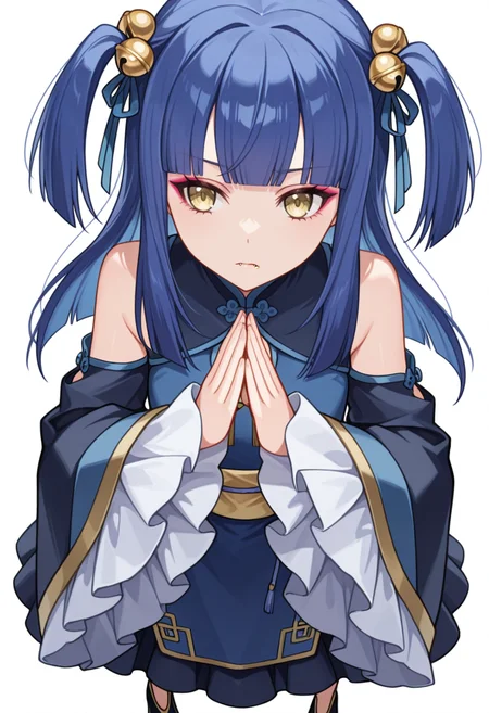Smooth Quality,masterpiece,very intricate, high quality details, ultra realistic, high detailed skin,detailed enviorement,absurdres,
kamina pose,
<lora:Ranran_CNR:0.8> ranran_cnr,1girl, blue hair, long hair, two side up, blunt bangs, yellow eyes, fangs, hair ornament, hair bell,hair ribbon, hair bobbles,makeup, ranran_cnr_def, bare shoulders,chinese clothes, blue dress,detached sleeves, wide sleeves, long sleeves, sleeves past wrists, frilled sleeves, sash,black footwear,, disappointed,, simple background, white background, from above,solo,