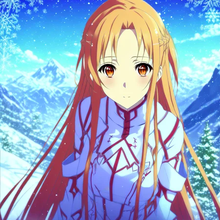 ((asuna)), ((masterpiece)), highres, asuna \(sao\), crown braid, light orange hair, looking at viewer, mountain, dutch-angle, snow, snowflakes