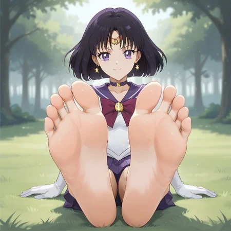 score_9, score_8_up, BREAK, (masterpiece:1.4), (best quality:1.2), solo, perfect anatomy, accurate anatomy, perfect feet, perfect soles, PONYXL_WaifuFeetPics_ownwaifu, solo, Sailor Saturn, 1girl, bob cut,tiara,earrings,sailor senshi uniform,purple eyes, purple choker, purple sailor collar, red bowtie, white shirt, elbow gloves, white gloves, pleated skirt, purple miniskirt, sexy pose, self portrait, smile, outdoors, sunlight, shadows, evening lighting, natural lighting, forest, trees, grass, orange sky, sunset, (((sitting, barefoot, foot focus, feet, soles)))