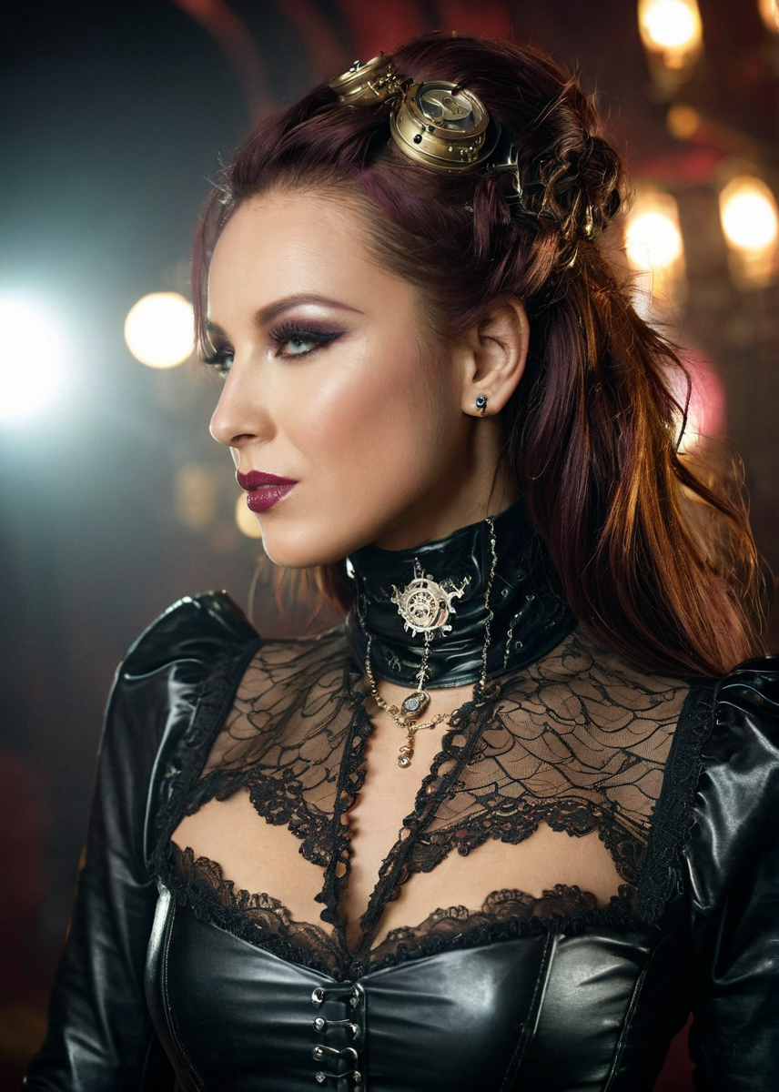 masterpiece, best quality, dark environment, (steampunk:1.5), a woman, long hair, (latex with lace), turtleneck, long earrings, necklace, burlesque, sexy, (((half body))), 8K, extremely detailed, decorated clothing, dragon, bloodwave, dynamic, great lighting, perfect shading, depth of field, soft side light, very detailed glowing background, <lora:MS_DaniWoodward_V1_SDXL:0.8>, <lora:add-detail-xl:0.8>