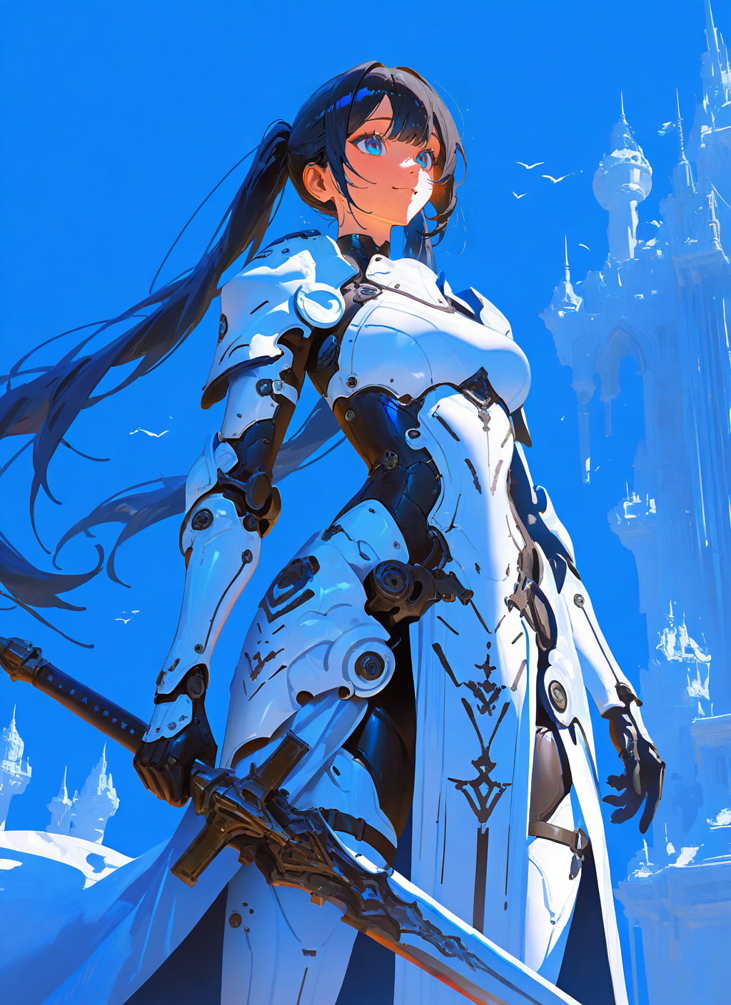 masterpiece, best quality, newest, absurdres, highres, painting, mcnm, 1girl, white armor, twintails, black hair, happy, blue sky, sword, detailed, <lora:Mechanism-Illustious:1.0>