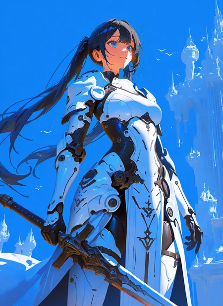 masterpiece, best quality, newest, absurdres, highres, painting, mcnm, 1girl, white armor, twintails, black hair, happy, blue sky, sword, detailed, <lora:Mechanism-Illustious:1.0>