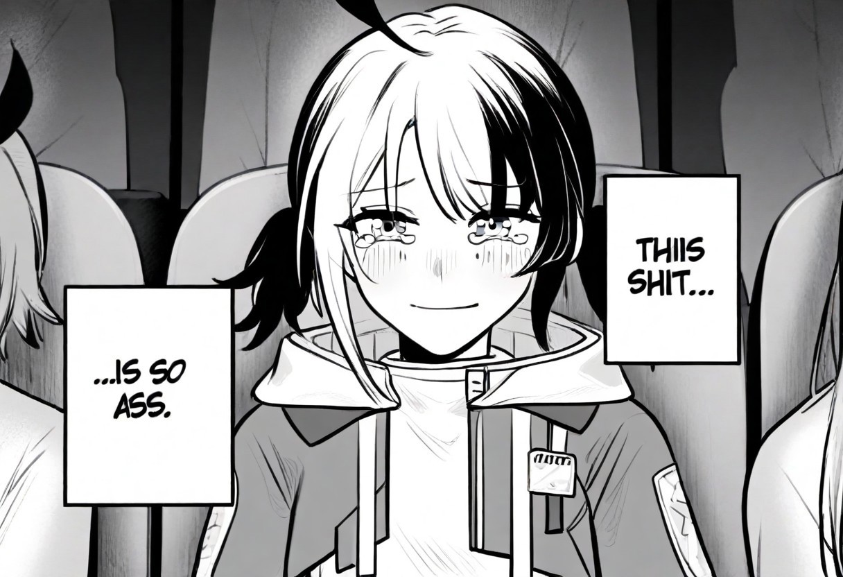 GigiBase, multicolored hair, short twintails, ahoge, animal hood, hood down, jacket, cropped jacket, white shirt, thisShitisSoAss, 1girl, multiple girls, solo focus, closed mouth, smile, looking at viewer, sitting, upper body, straight-on, chair, tears, crying, crying with eyes open, tearing up, blush, monochrome, greyscale, comic, meme, english text, speech bubble