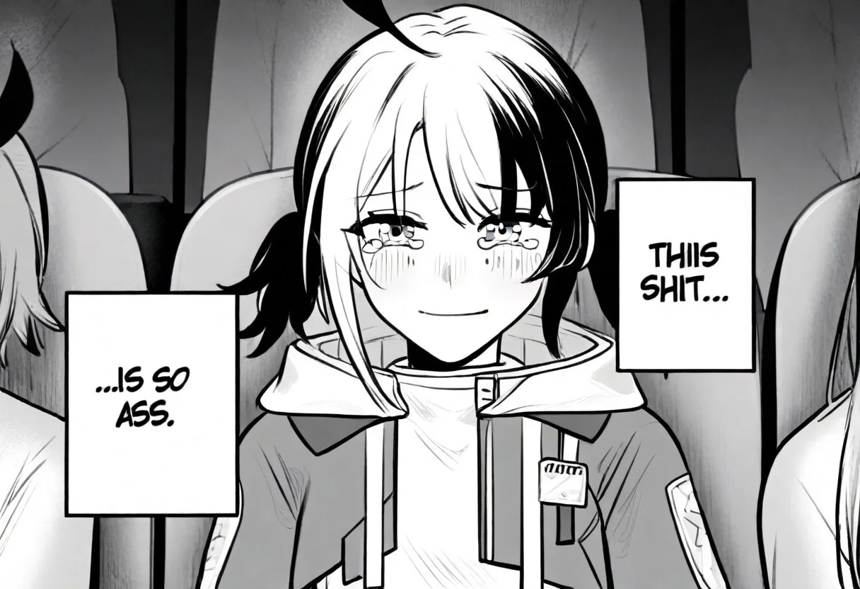 GigiBase, multicolored hair, short twintails, ahoge, animal hood, hood down, jacket, cropped jacket, white shirt, thisShitisSoAss, 1girl, multiple girls, solo focus, closed mouth, smile, looking at viewer, sitting, upper body, straight-on, chair, tears, crying, crying with eyes open, tearing up, blush, monochrome, greyscale, comic, meme, english text, speech bubble