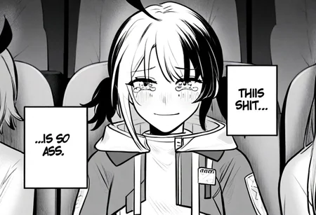 GigiBase, multicolored hair, short twintails, ahoge, animal hood, hood down, jacket, cropped jacket, white shirt, thisShitisSoAss, 1girl, multiple girls, solo focus, closed mouth, smile, looking at viewer, sitting, upper body, straight-on, chair, tears, crying, crying with eyes open, tearing up, blush, monochrome, greyscale, comic, meme, english text, speech bubble