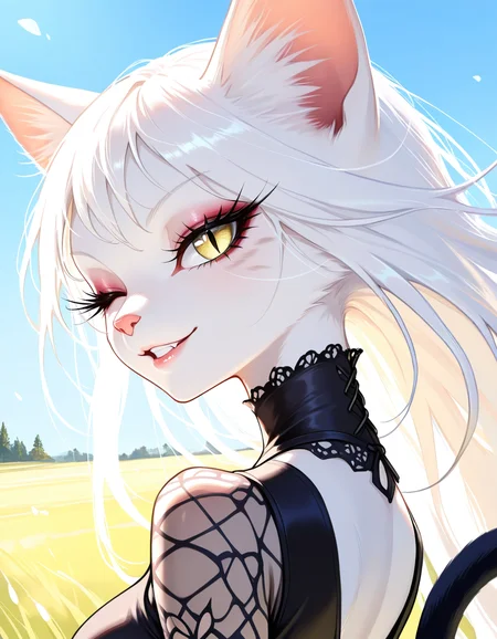 masterpiece, best quality, very aesthetic, absurdres,
outdoors,
shirt, looking back, wink,
headshot, face focus, seductive smile, parted lips, long eyelashes,
<lora:Niankomb_v01_NAIXL:1>,Niankomb,1girl,solo,furry female,cat girl,cat ears,long hair,white hair,yellow eyes,long eyelashes,slit pupils,makeup,cat tail,