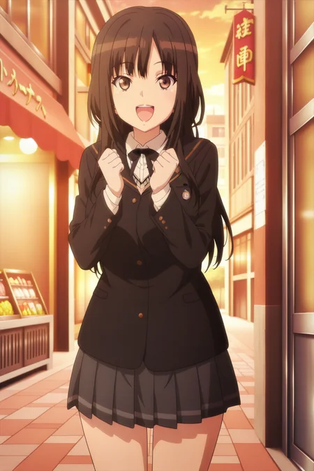 anime screenshot, kamizaki makoto, 1girl, solo, black hair, long hair, brown eyes, large breasts, school uniform, kibito high school uniform, black jacket, white shirt, collared shirt, long sleeves, brown sweater vest, black ribbon, neck ribbon, grey skirt, pleated skirt, looking at viewer, smile, open mouth, hands up, clenched hands, cowboy shot, outdoors, city, shop, sunset, masterpiece, best quality, high quality, highres, absurdres, <lora:kamizaki_makoto_ILXL:0.9>