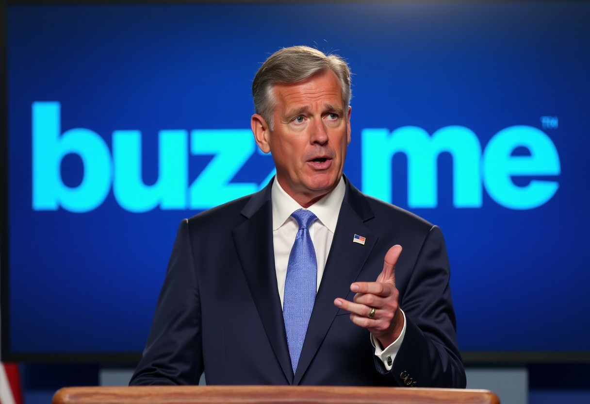 professional photojournalistic shot of a politic at White House press podium with Hand gesture Shaka, dramatic lighting, crisp 4K detail, behind him a bold blue logo with sign that says 'buzz me',  shot on Canon EOS R5, natural color grading, high contrast, photorealistic, sharp focus, editorial style, seamless lighting, AP Press style photograph,sign that says,logo, text, sign that says, the word,