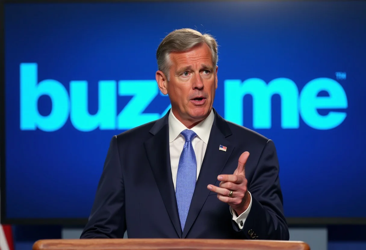 professional photojournalistic shot of a politic at White House press podium with Hand gesture Shaka, dramatic lighting, crisp 4K detail, behind him a bold blue logo with sign that says 'buzz me', shot on Canon EOS R5, natural color grading, high contrast, photorealistic, sharp focus, editorial style, seamless lighting, AP Press style photograph,sign that says,logo, text, sign that says, the word,