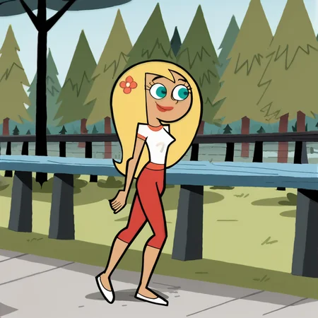 score_9, score_8_up, score_7_up,score_5_up, score_4_up, stardp, 1girl, solo, blonde hair, long hair, flower, aqua eyes, hair flower, hair ornament, smile, lipstick, white shirt, red capri pants, outside, trees, walking   white footwear, eyelashes, detailed, masterpiece, 
 <lora:StarDP:1>,
