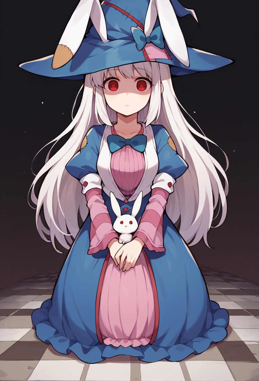 <lora:IrisuKyouko:1> irisu kyouko, 1girl, long hair, red eyes, white hair, very long hair, animal ears, rabbit ears, hat, witch hat, dress, striped,  empty eyes,  horror \(theme\),, score_9, score_8_up, score_7_up, source_anime,