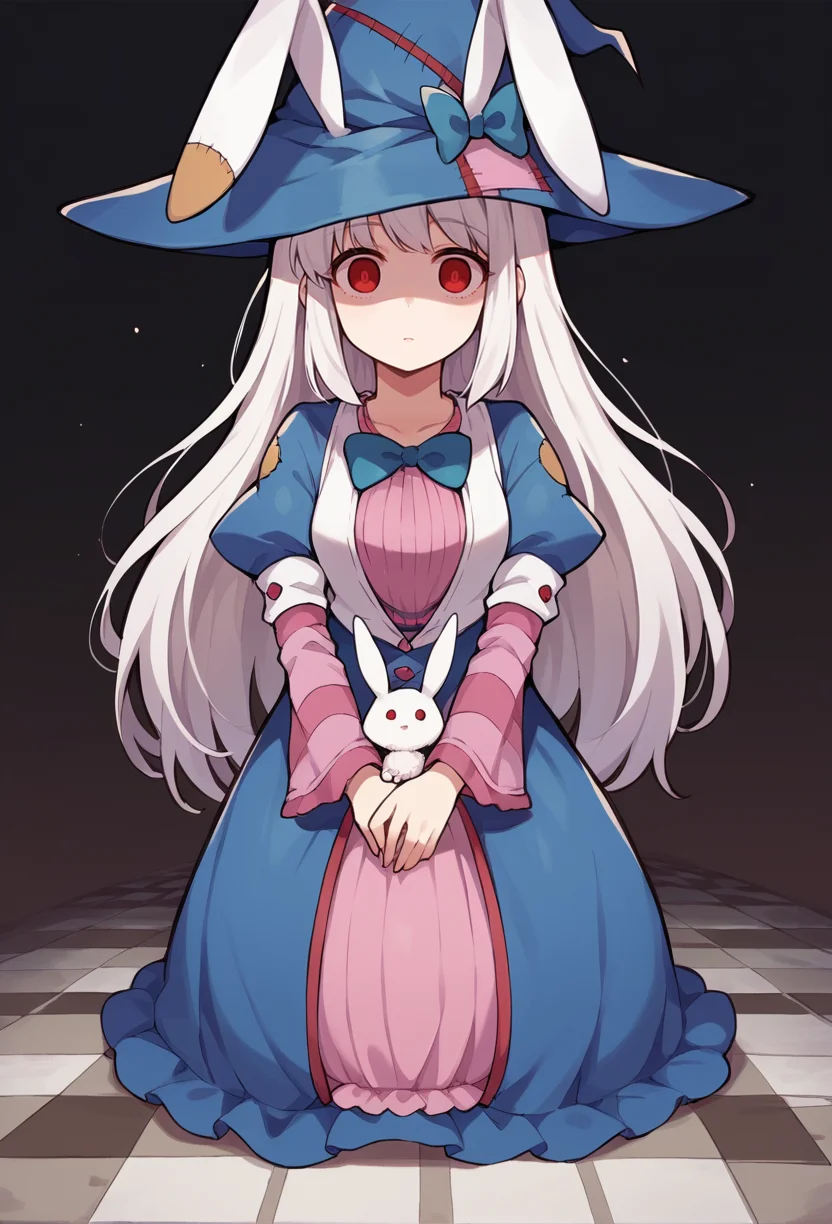 <lora:IrisuKyouko:1> irisu kyouko, 1girl, long hair, red eyes, white hair, very long hair, animal ears, rabbit ears, hat, witch hat, dress, striped, empty eyes, horror \(theme\),, score_9, score_8_up, score_7_up, source_anime,
