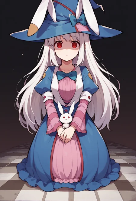 <lora:IrisuKyouko:1> irisu kyouko, 1girl, long hair, red eyes, white hair, very long hair, animal ears, rabbit ears, hat, witch hat, dress, striped, empty eyes, horror \(theme\),, score_9, score_8_up, score_7_up, source_anime,