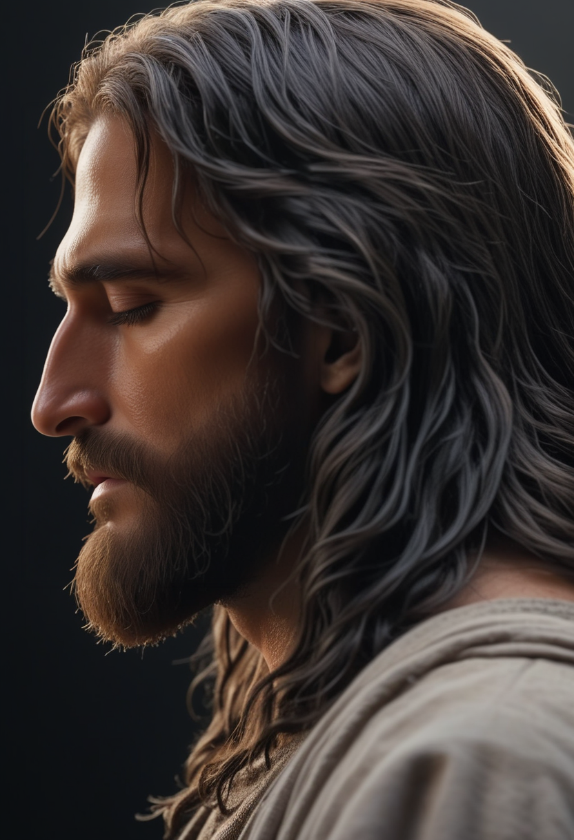 4k, highly detailed, cinematic lighting, breathtaking photo of Jesus Christ, realistic,
 <lora:Real_Jesus_Christ:0.8> j35us_sot, 1man, dark hair, long hair, beard, facial hair, olive skin, eyes closed, bowing head, solo, side view, (((close up on face))), male focus,