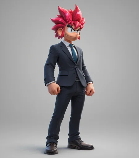 masterpiece, best quality, amazing quality, business outfit, <lora:Ore_Tomba_v5_1:0.72> 1boy, solo, male focus, spiked hair, full body, red hair,, masterpiece, best quality, amazing quality